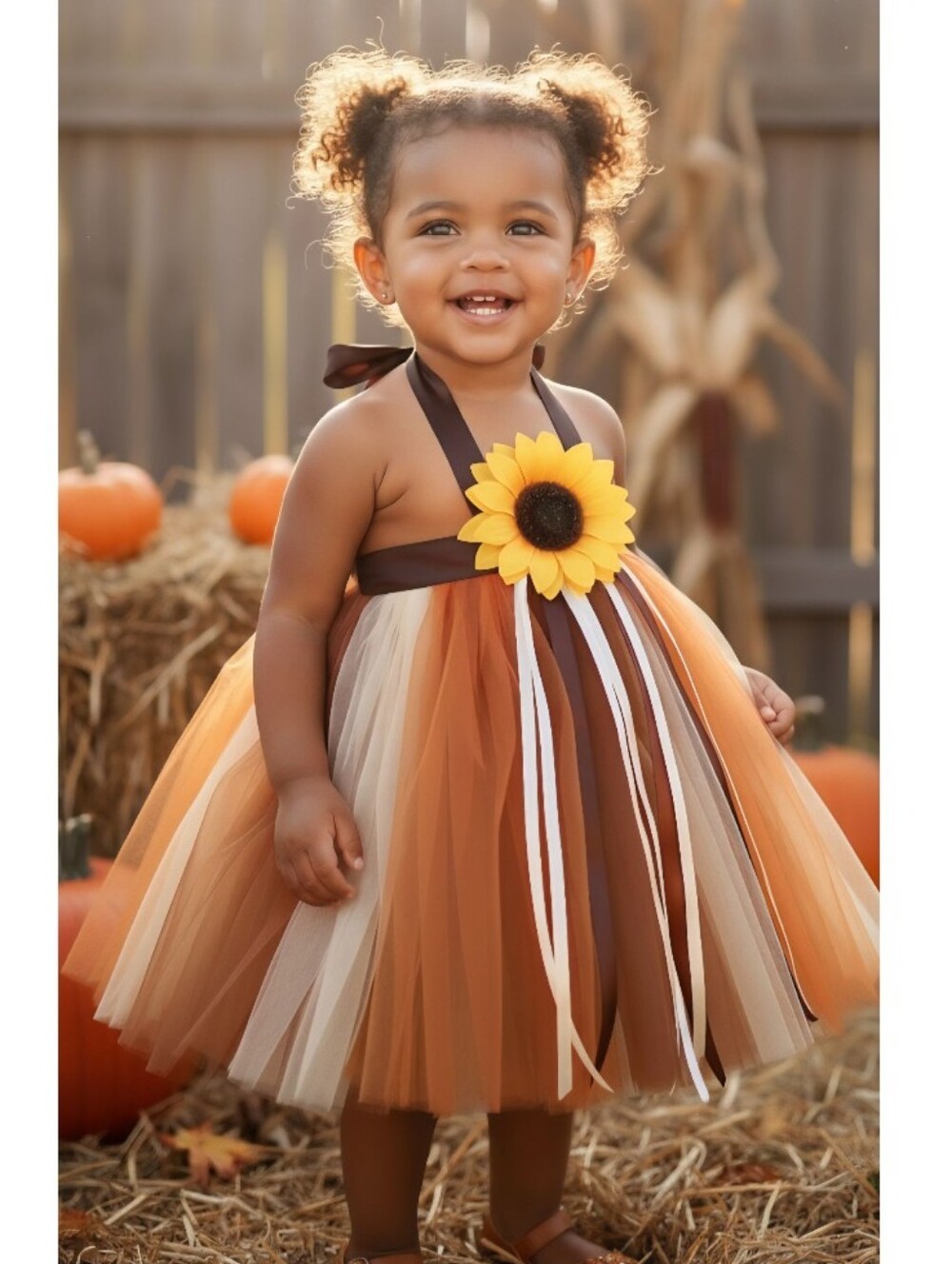 Girl Fall Sunflower Tutu Dress Halter Ribbon Halloween Pumpkin Patch Outfit 4-5Y